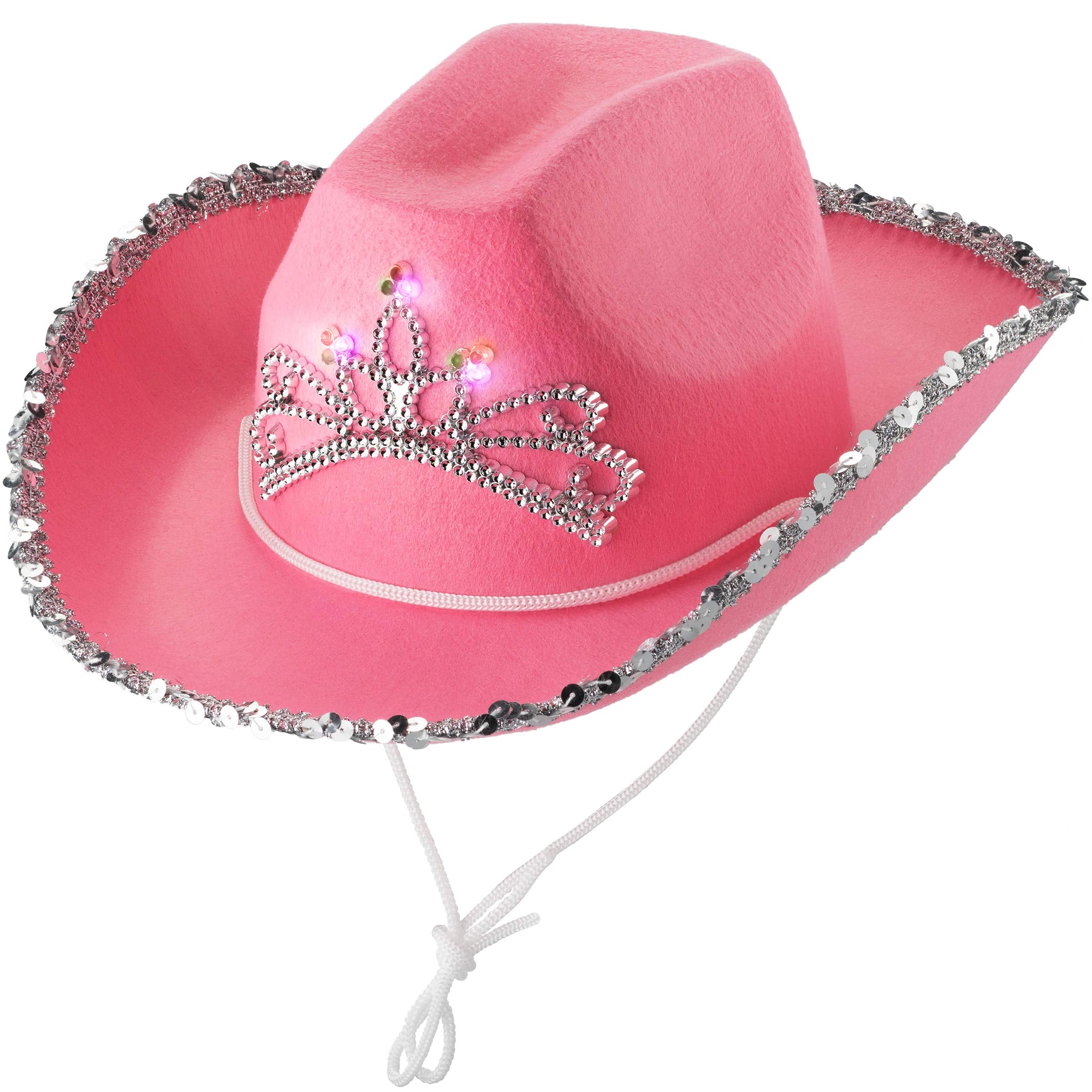 Light Up Pink Cowgirl Hat for Girls - (Pack of 2) Kids Cowboy Hat with Blinking Tiara Sequin Trim Fringe and Drawstring, Felt Girls Pink Cowboy Hat Costume Party Accessory, Dress-Up, 6x7-Inch